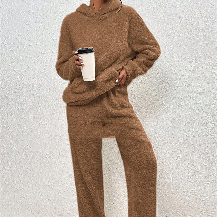 Women's Fleece-lined Hooded Long Sleeve Dimensional Patch Pocket Casual Trousers Solid Color Suit - Image 7