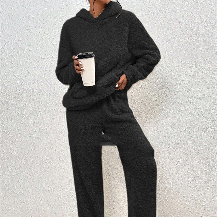 Women's Fleece-lined Hooded Long Sleeve Dimensional Patch Pocket Casual Trousers Solid Color Suit - Image 9