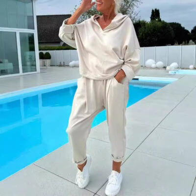 Women's 2-Piece Solid Color Hooded Sweatshirt