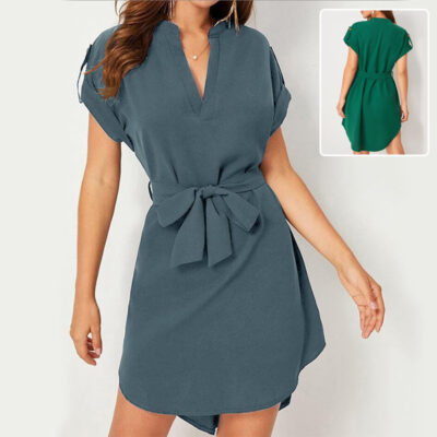 Women's V-neck Short Sleeve Dress With Belt