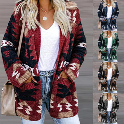 Women's Loose Sweater Printed Knitted Cardigan