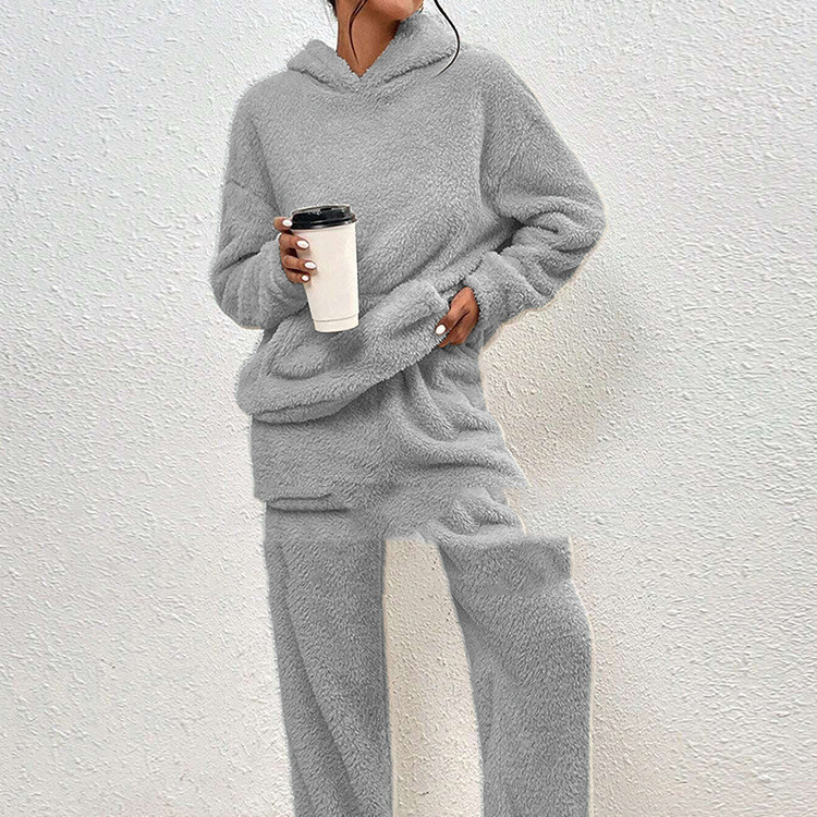 Women's Fleece-lined Hooded Long Sleeve Dimensional Patch Pocket Casual Trousers Solid Color Suit - Image 2
