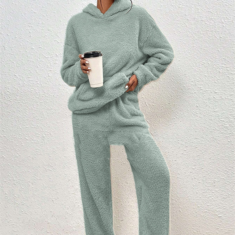 Women's Fleece-lined Hooded Long Sleeve Dimensional Patch Pocket Casual Trousers Solid Color Suit - Image 3