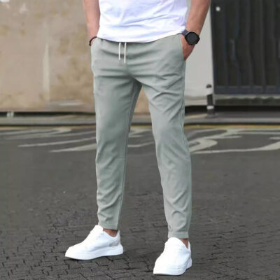 Men's Casual Slim Fit Leather Tag Cropped Pants Solid Color Pants