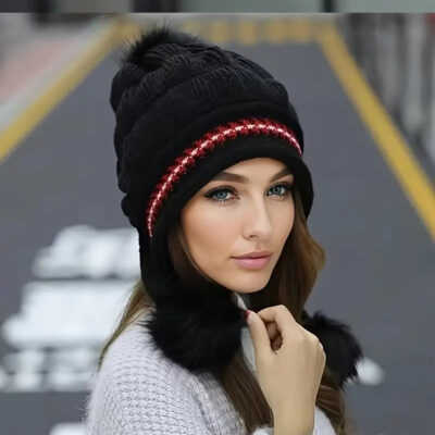 Women's Cozy Knit Fleece-Feel Beanie With Ear Flaps & Pompom Warm Winter Hat Perfect For Skiing Outdoor Activities