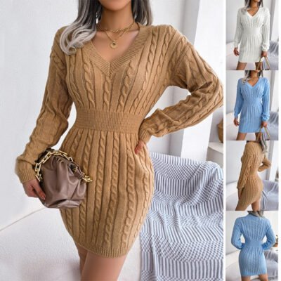 Women's V-Neck Long Sleeve Knit Dress